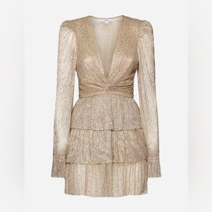 Sabina Musayev Felicie Lamé Metallic Gold Plunge Mini Dress Sz. M NWT Bridal